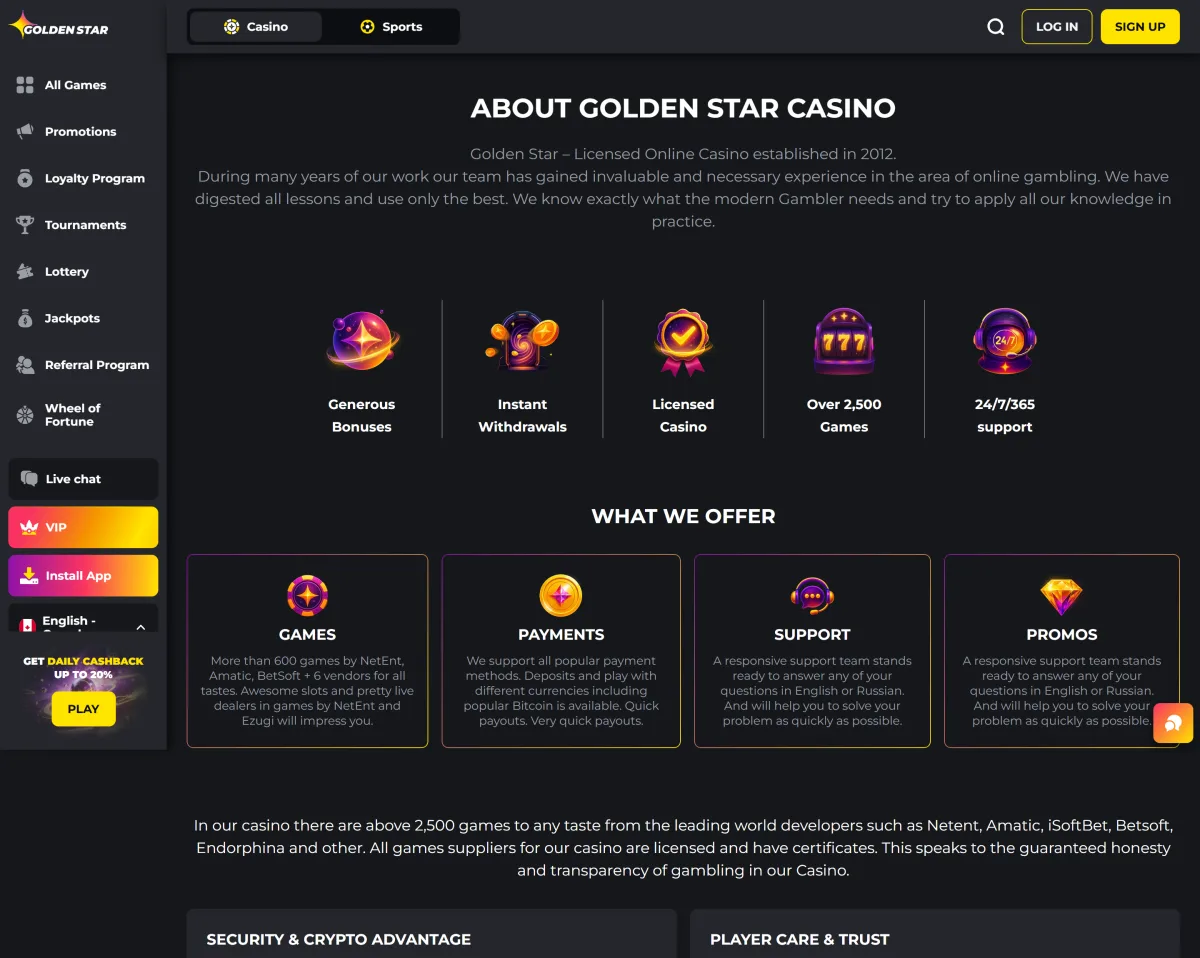 About Golden Star Casino page for Canadian players
