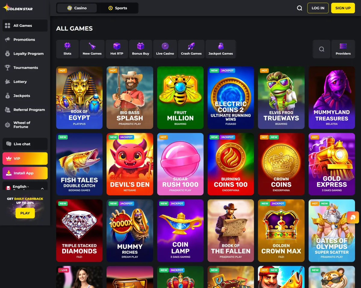 Golden Star online casino game lobby with slots, live and crash sections