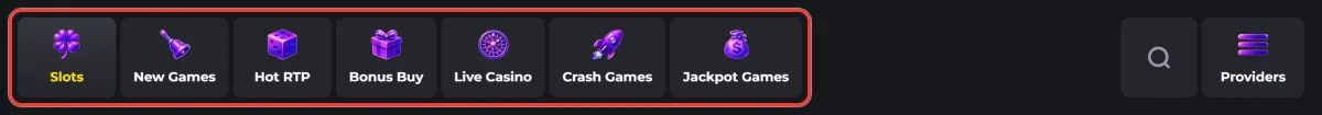 Onglets de catégories du lobby Golden Star avec Slots, Live Casino et Crash Games