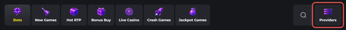 Bouton Providers du lobby Golden Star pour filtrer les jeux par studio