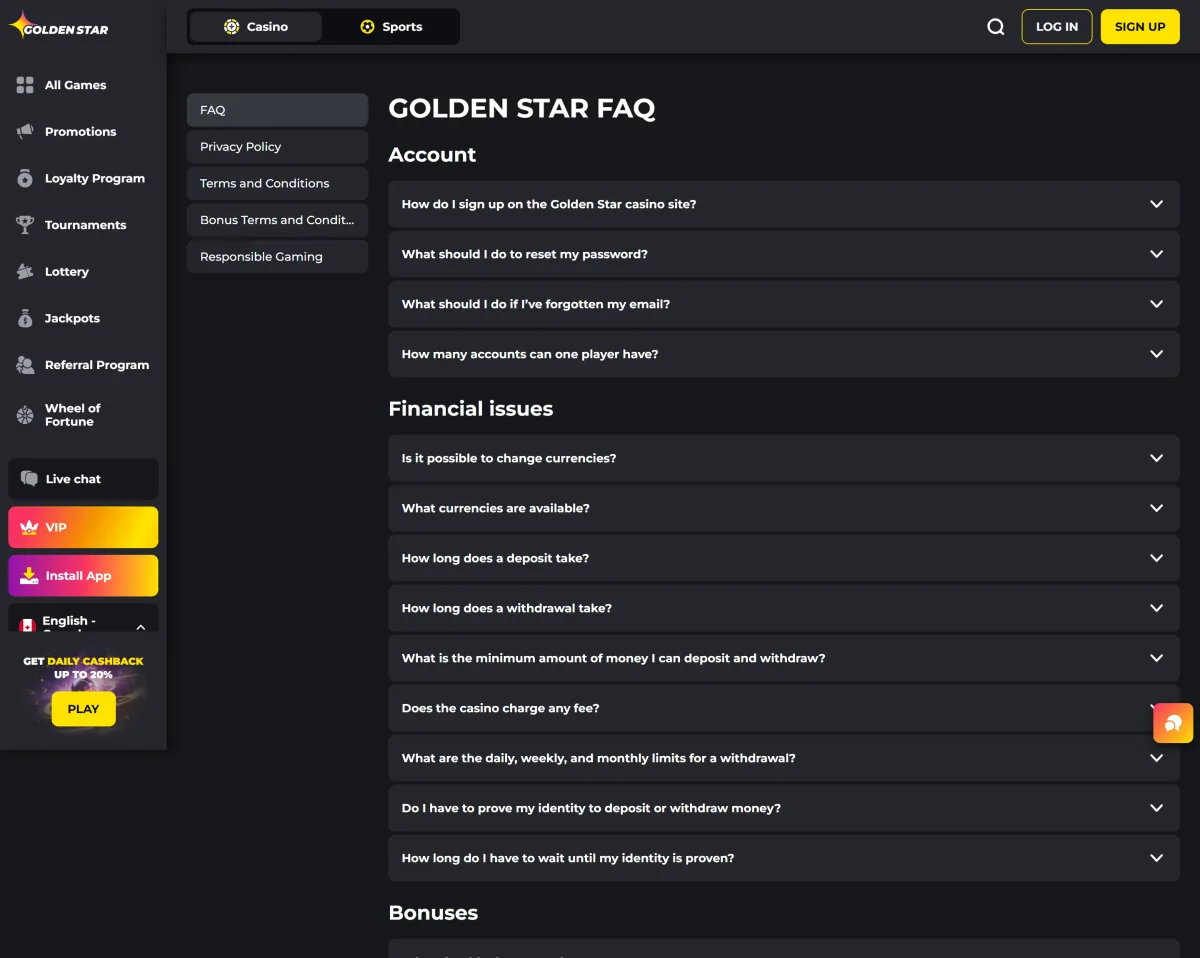 Frequently asked questions section of Golden Star Casino