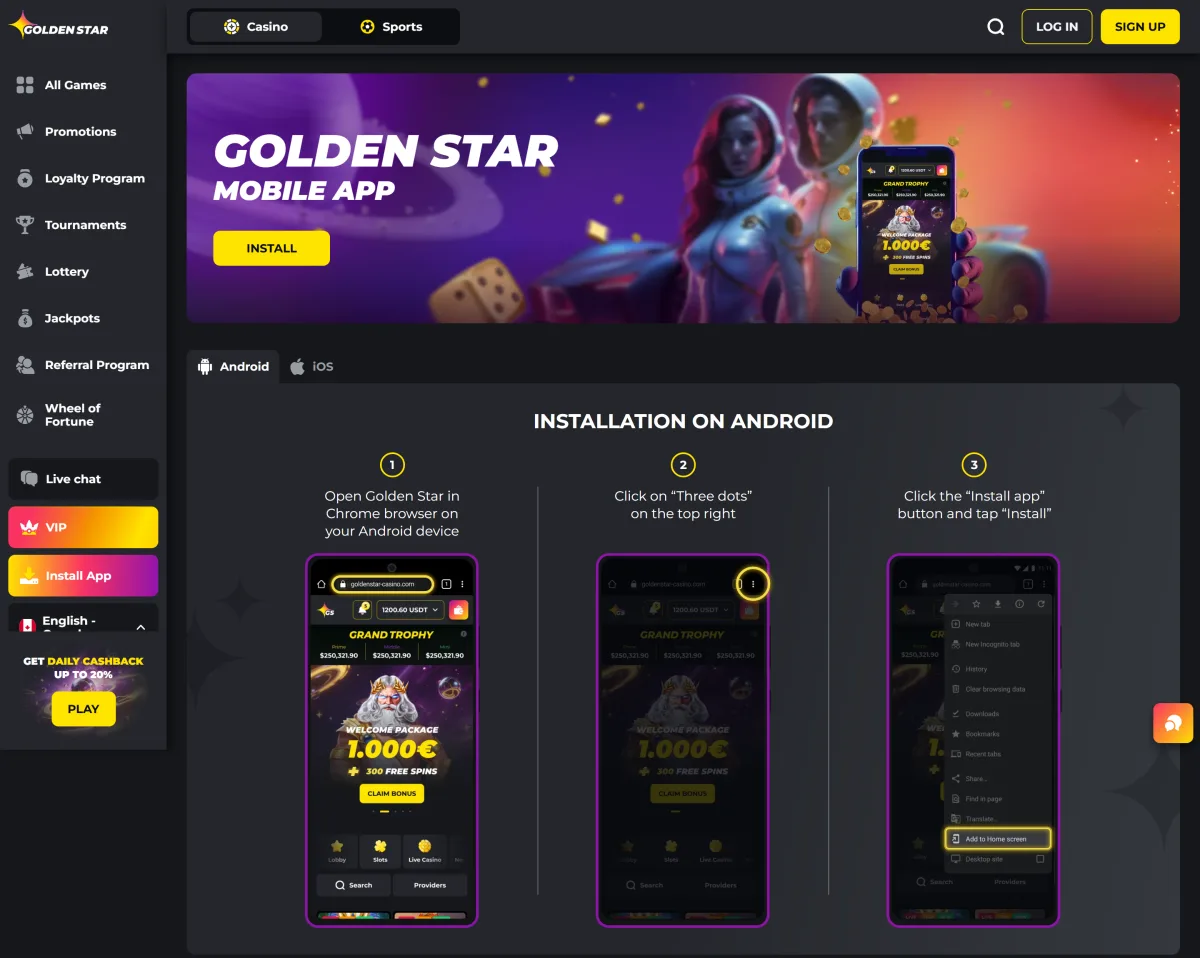 Golden Star casino app install page for Android and iPhone