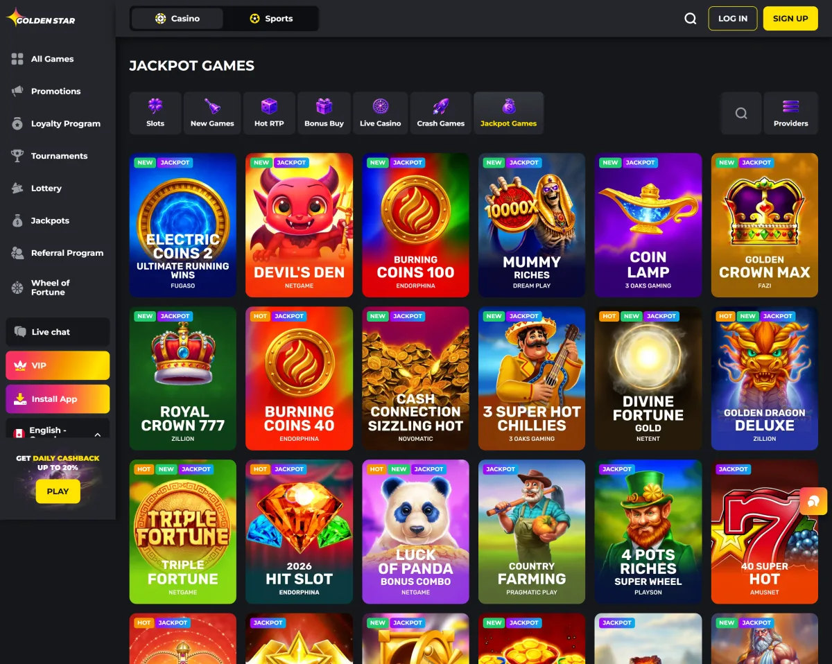 Jeux à jackpot progressif chez Golden Star