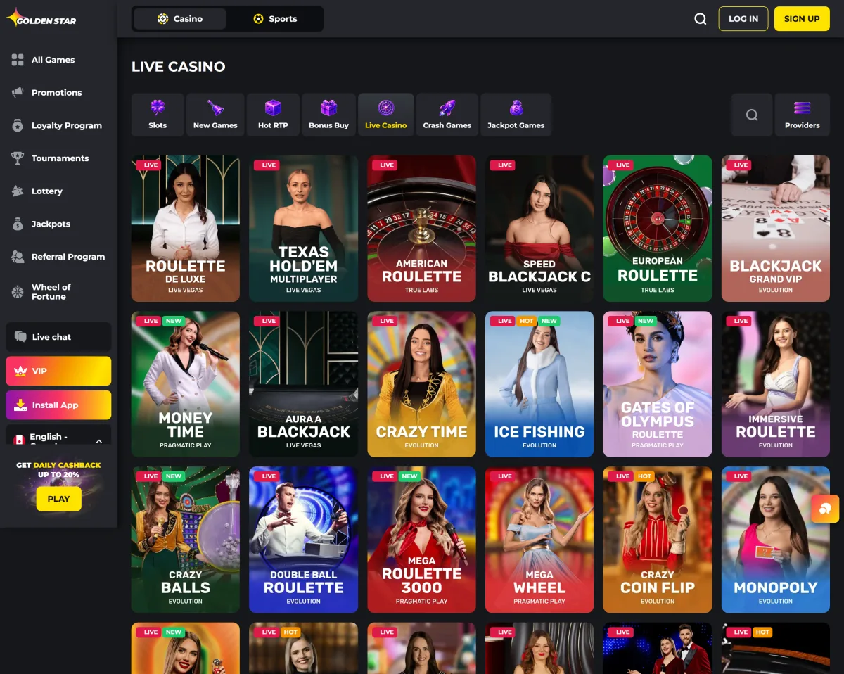 Live casino tables with real dealers at Golden Star