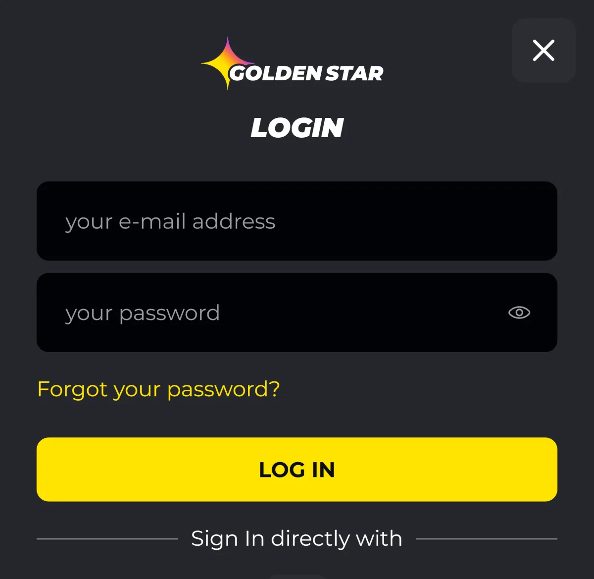 Golden Star login form on a mobile screen with email and password fields