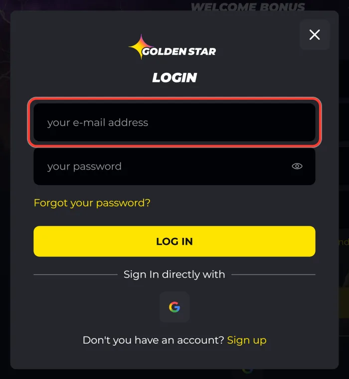 Email field in the Golden Star casino login form