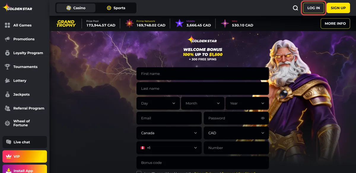 Log in button in the Golden Star casino header next to Sign up