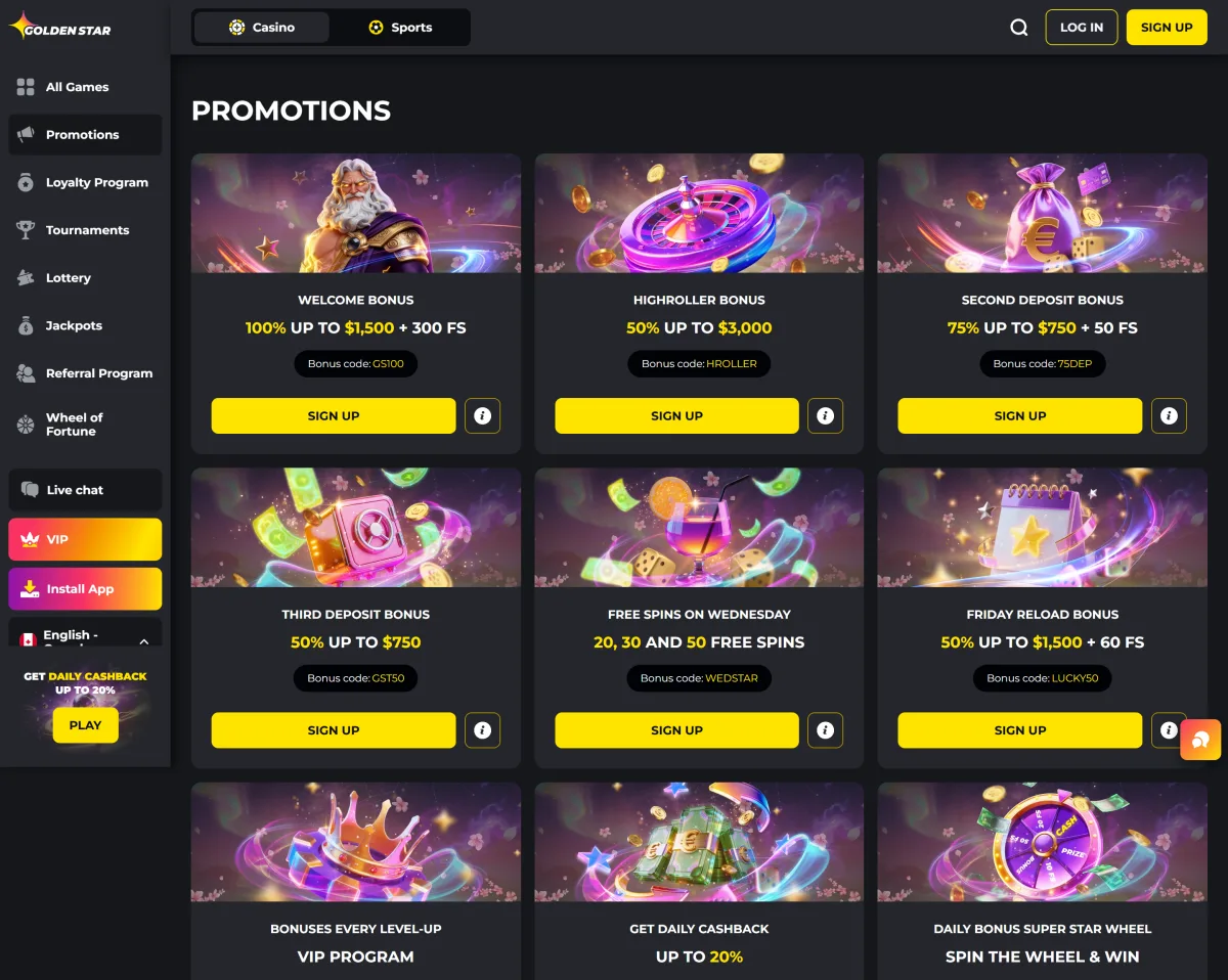 Golden Star casino bonus offers with promo codes GS100 and HROLLER