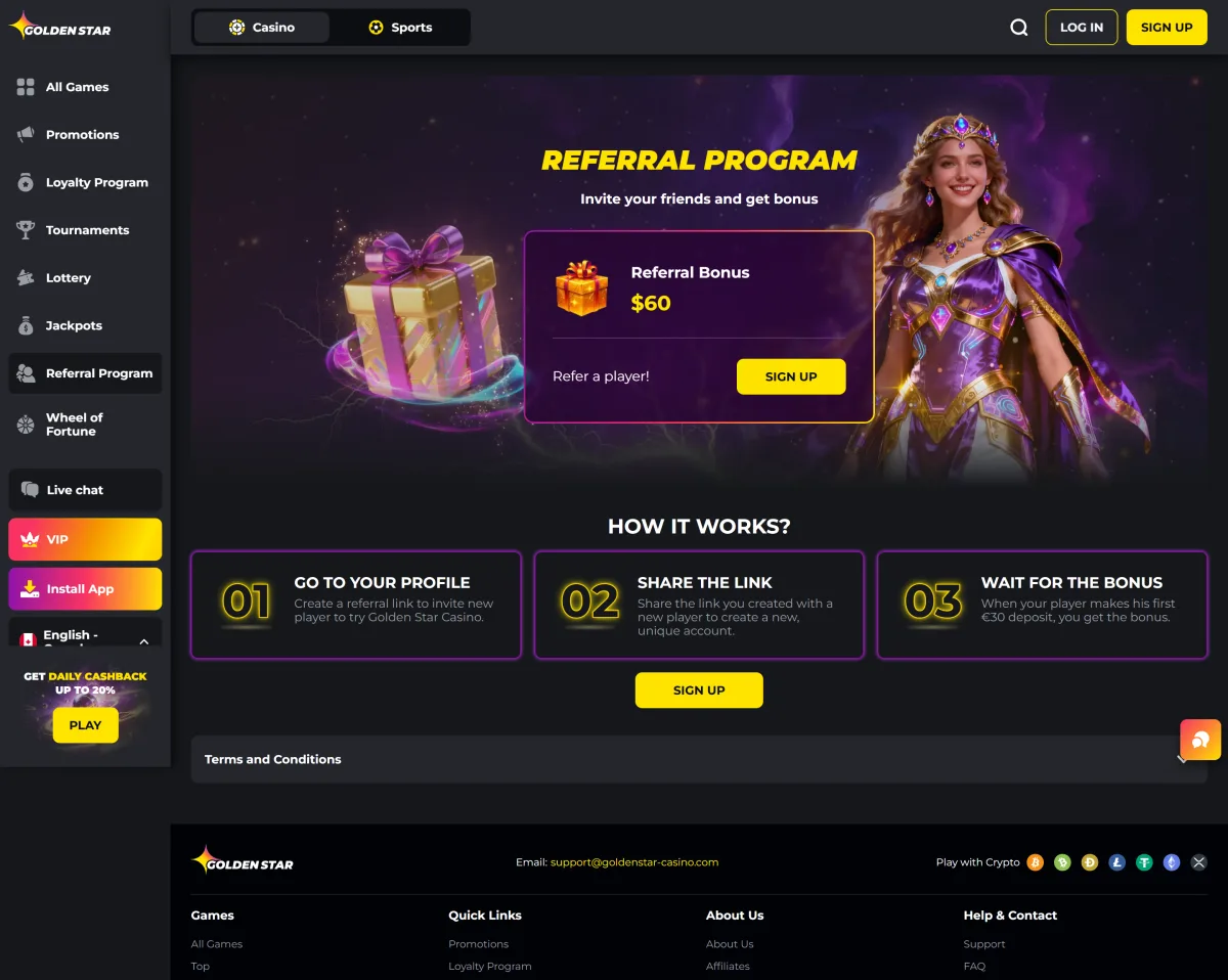Referral program paying 60 CAD for an invited friend at Golden Star
