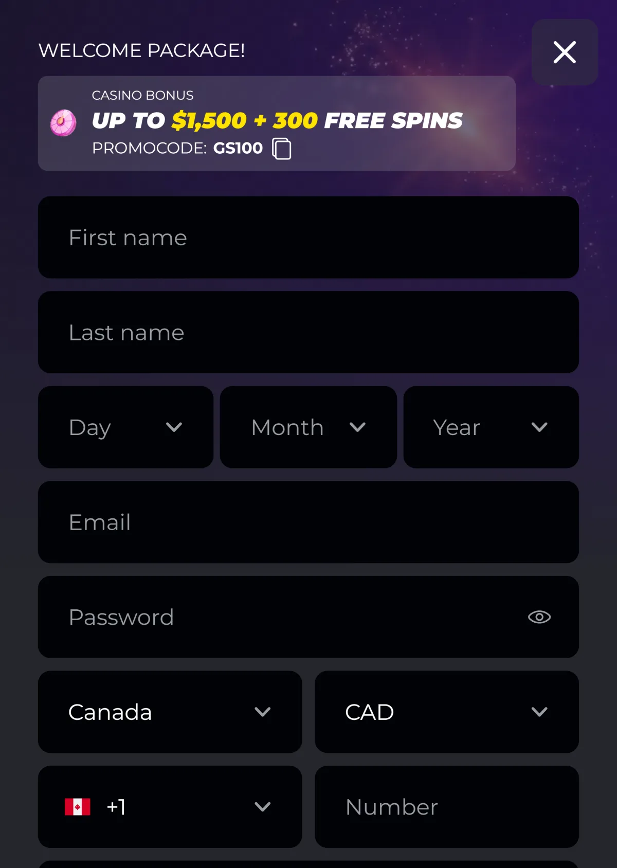 Golden Star registration form on a mobile screen with Canada and CAD already selected