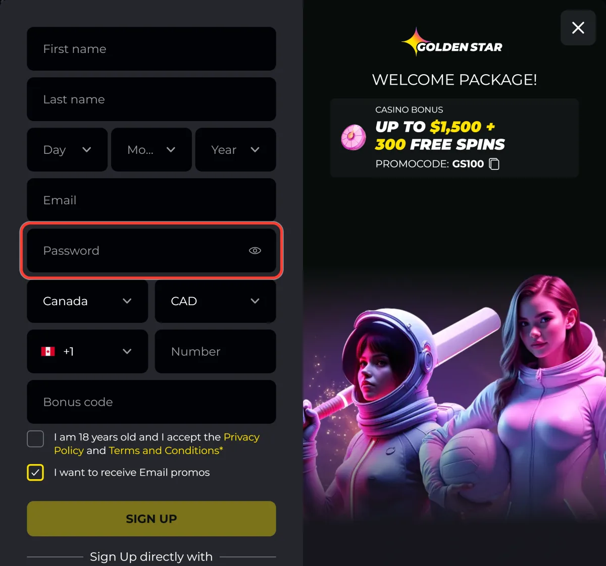 Password field with the show password icon in the Golden Star sign up form