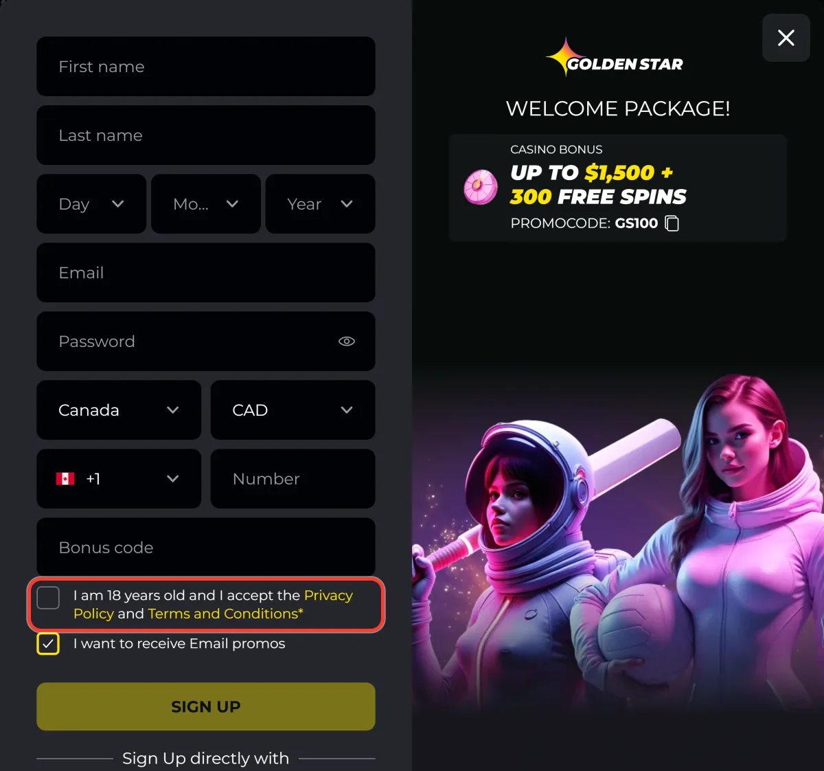 Age 18 plus and terms acceptance checkbox in the Golden Star sign up form
