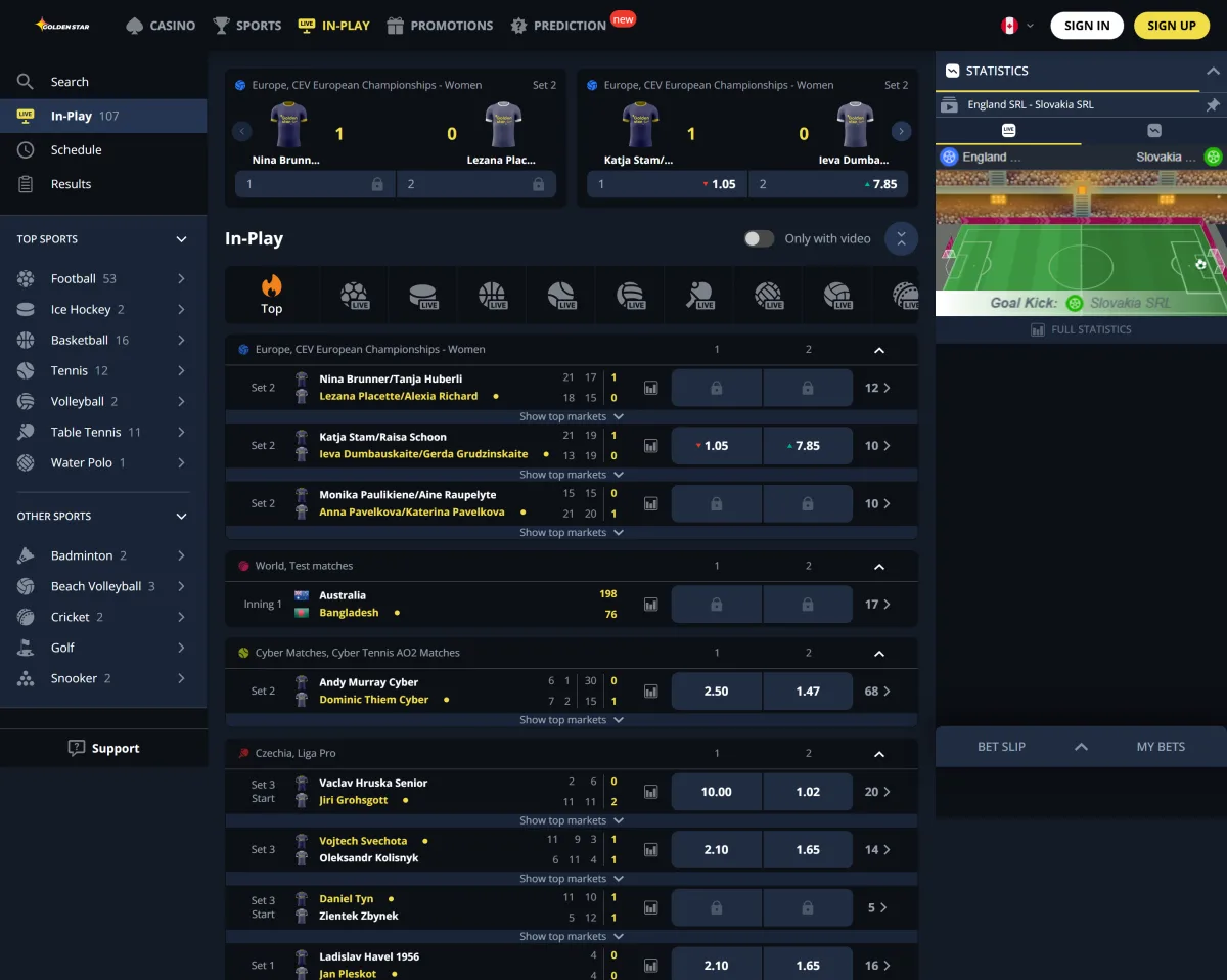 Live betting section with in-play odds at Golden Star