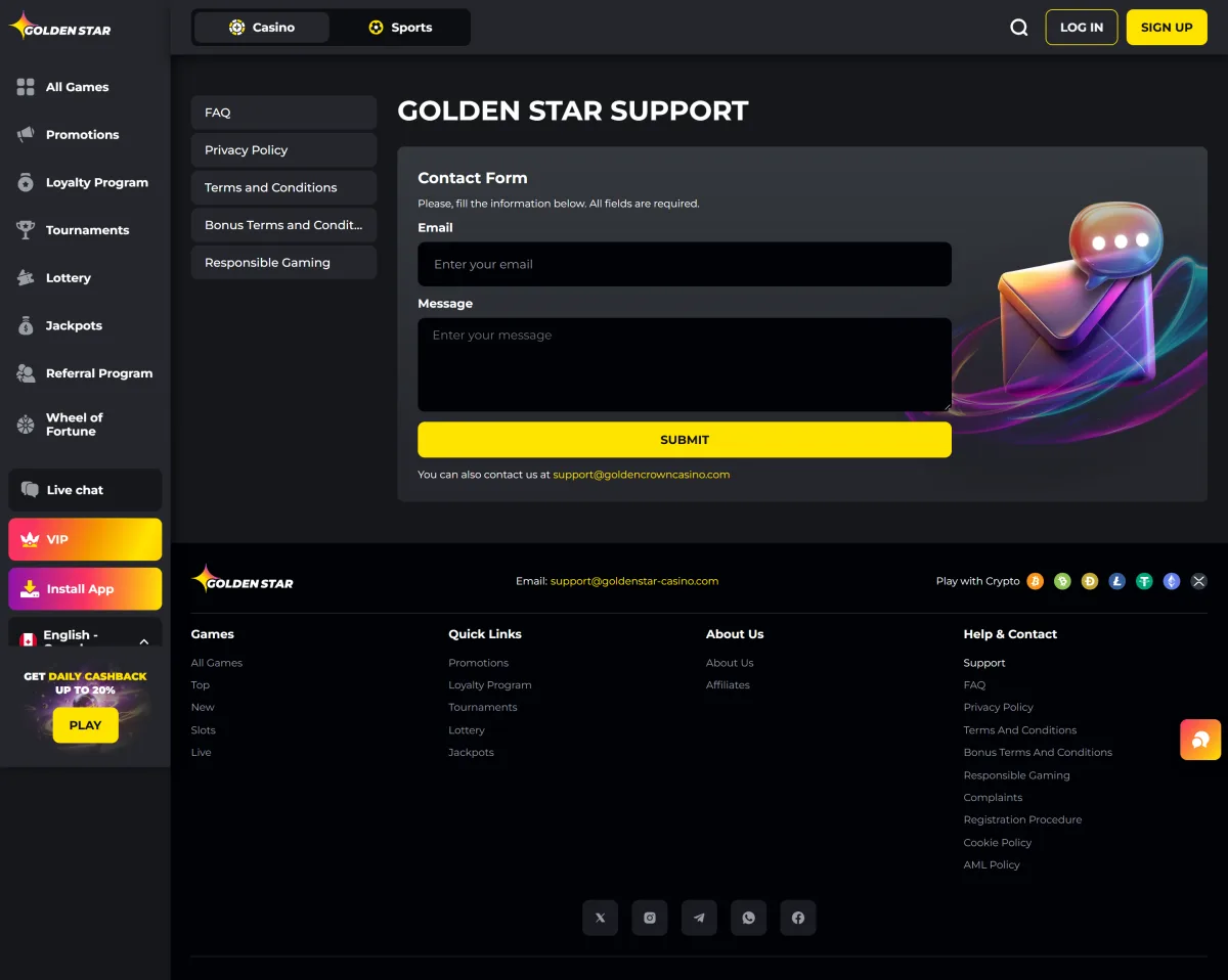 Customer support contacts at Golden Star Casino