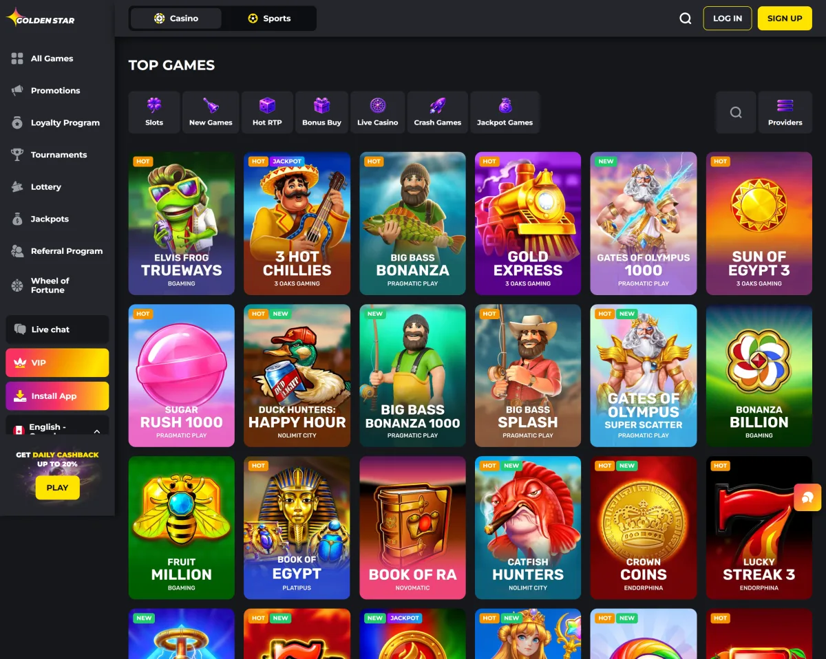 Jeux les plus joués du casino en ligne Golden Star