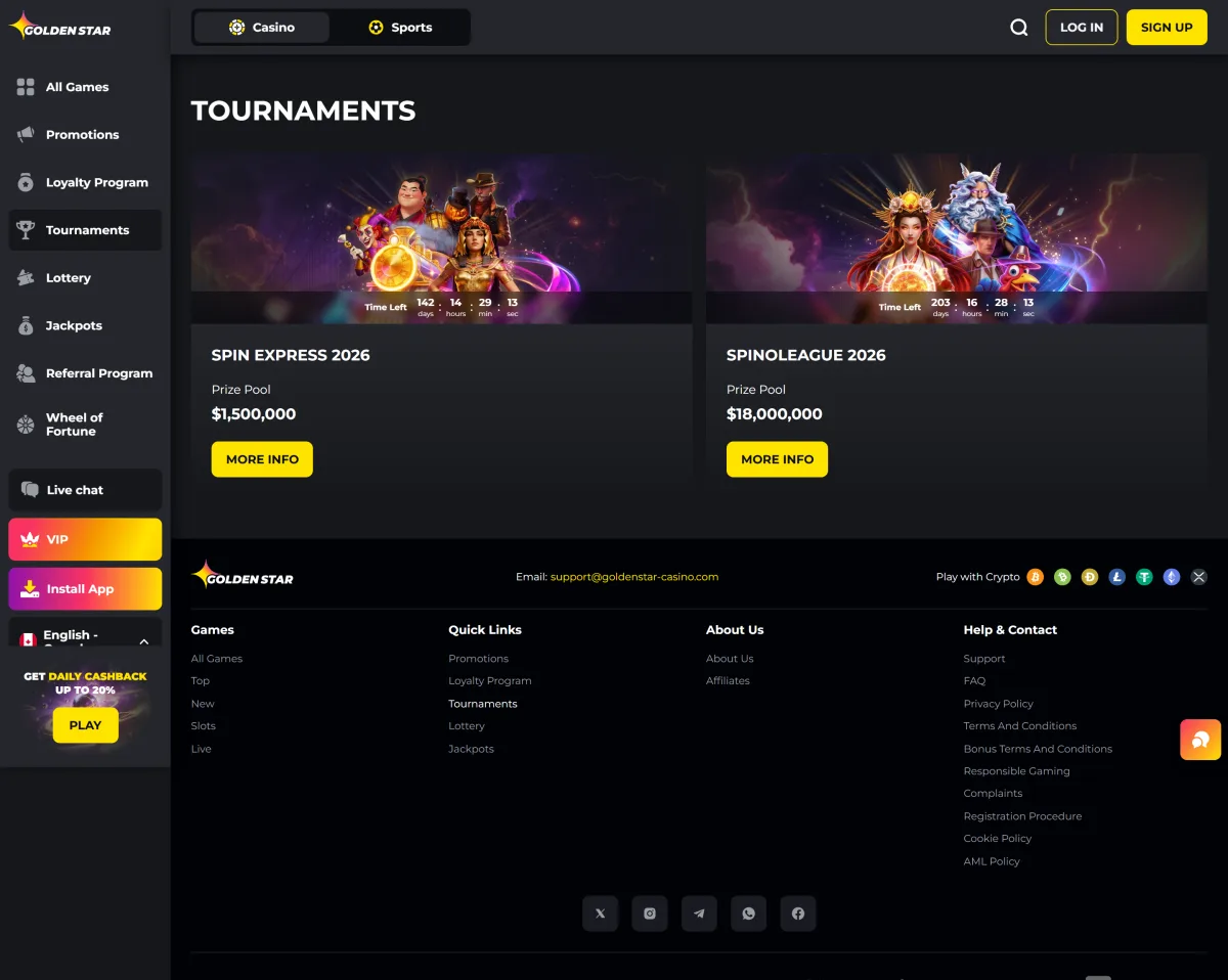 Slot tournaments with prize funds at Golden Star Casino