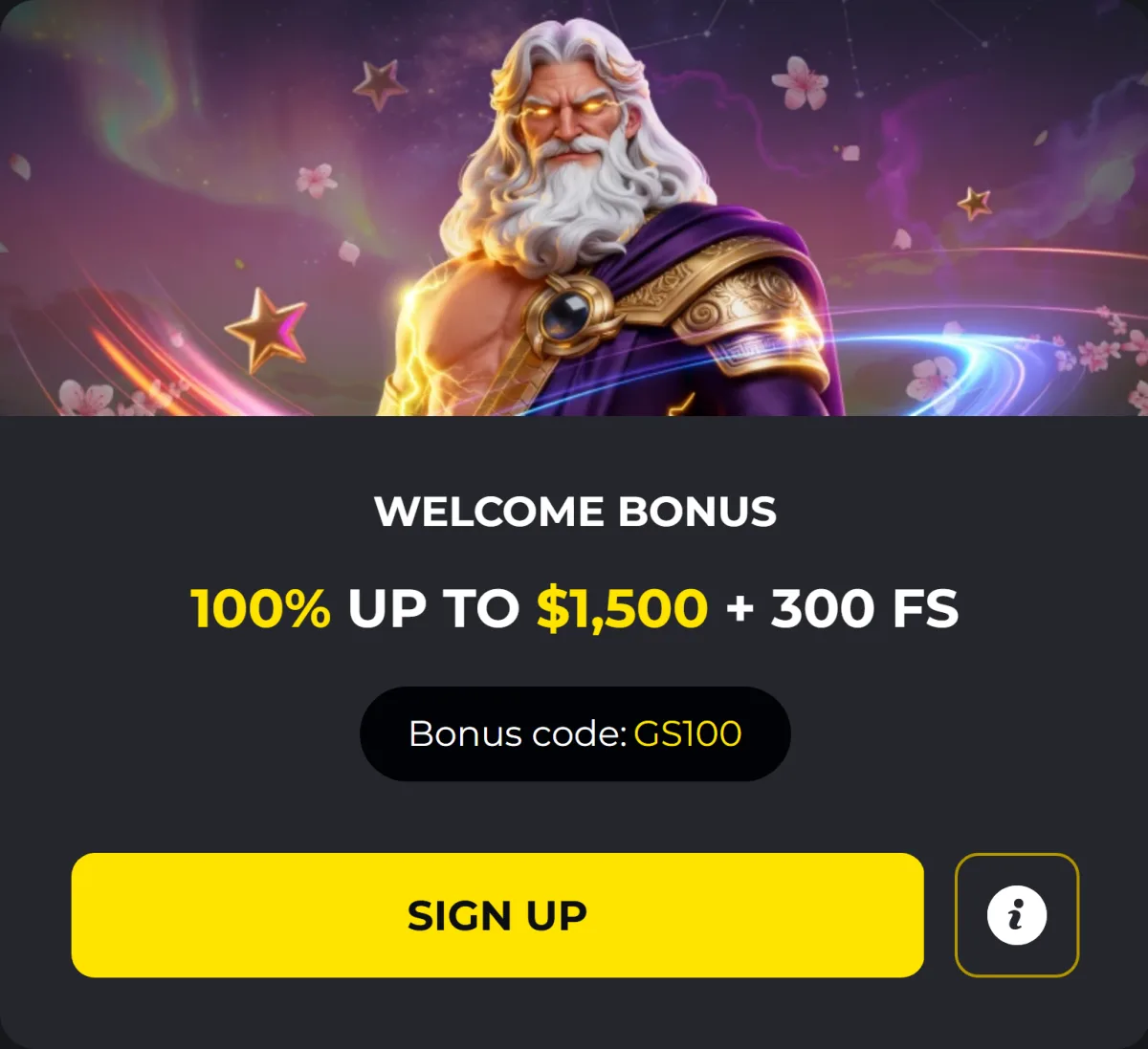 Welcome bonus card with 100 percent up to 1,500 CAD and 300 free spins on code GS100