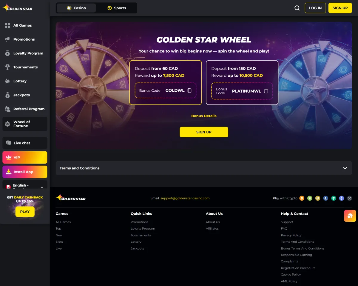 Wheel of Fortune promo with Gold and Platinum spins at Golden Star